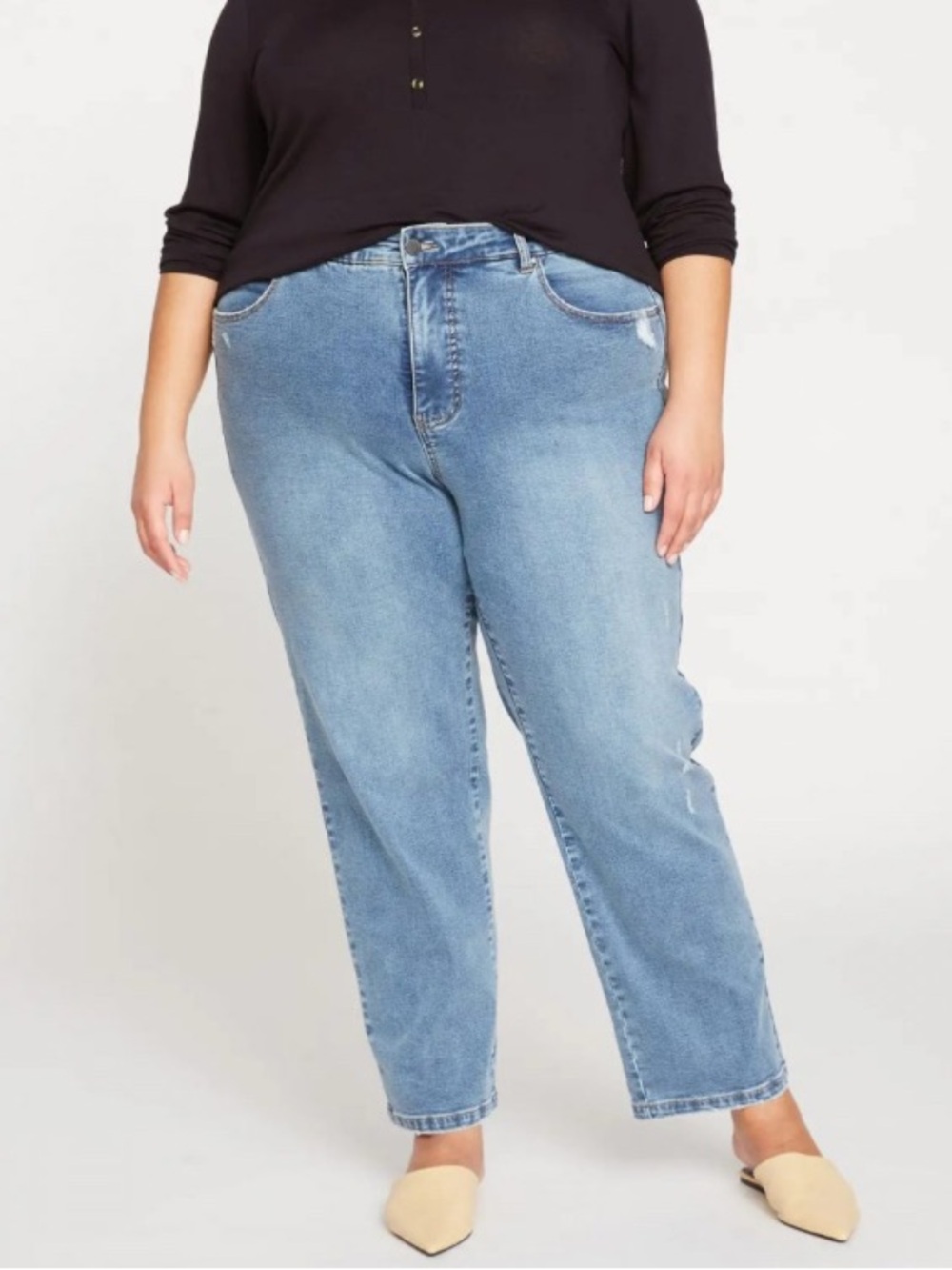 Distressed light indigo High Rise Straight Leg Jeans